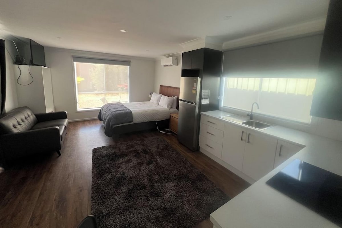 Ein modernes Schlafzimmer mit Bett, einer Couch, einer Küchenzeile mit Spüle und einem großen Fenster.