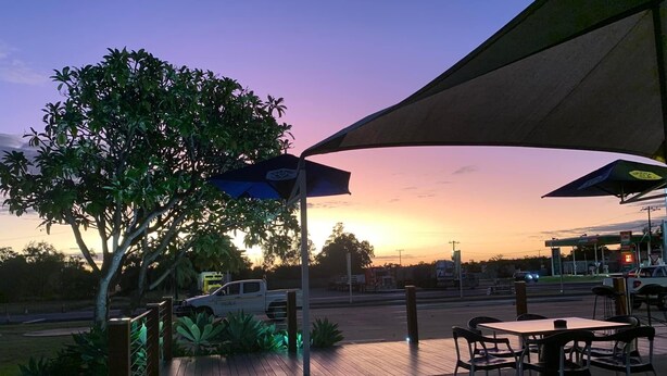 An outdoor patio area with a table and chairs, a large umbrella, and a tree. - Banana Hotel Motel (Banana)
