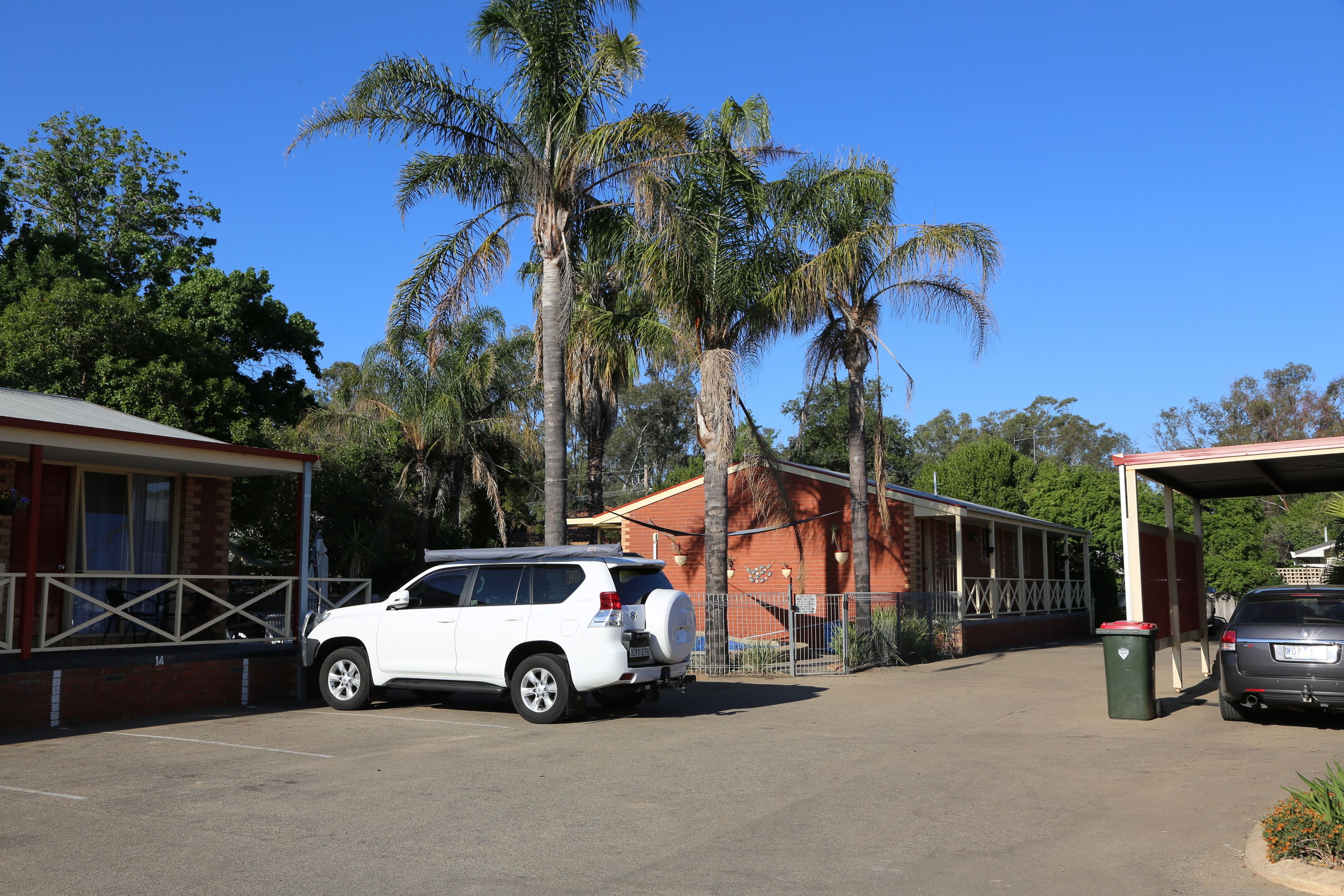 A parking area with a white SUV and a grey car, surrounded by palm trees and a building with a covered entrance.