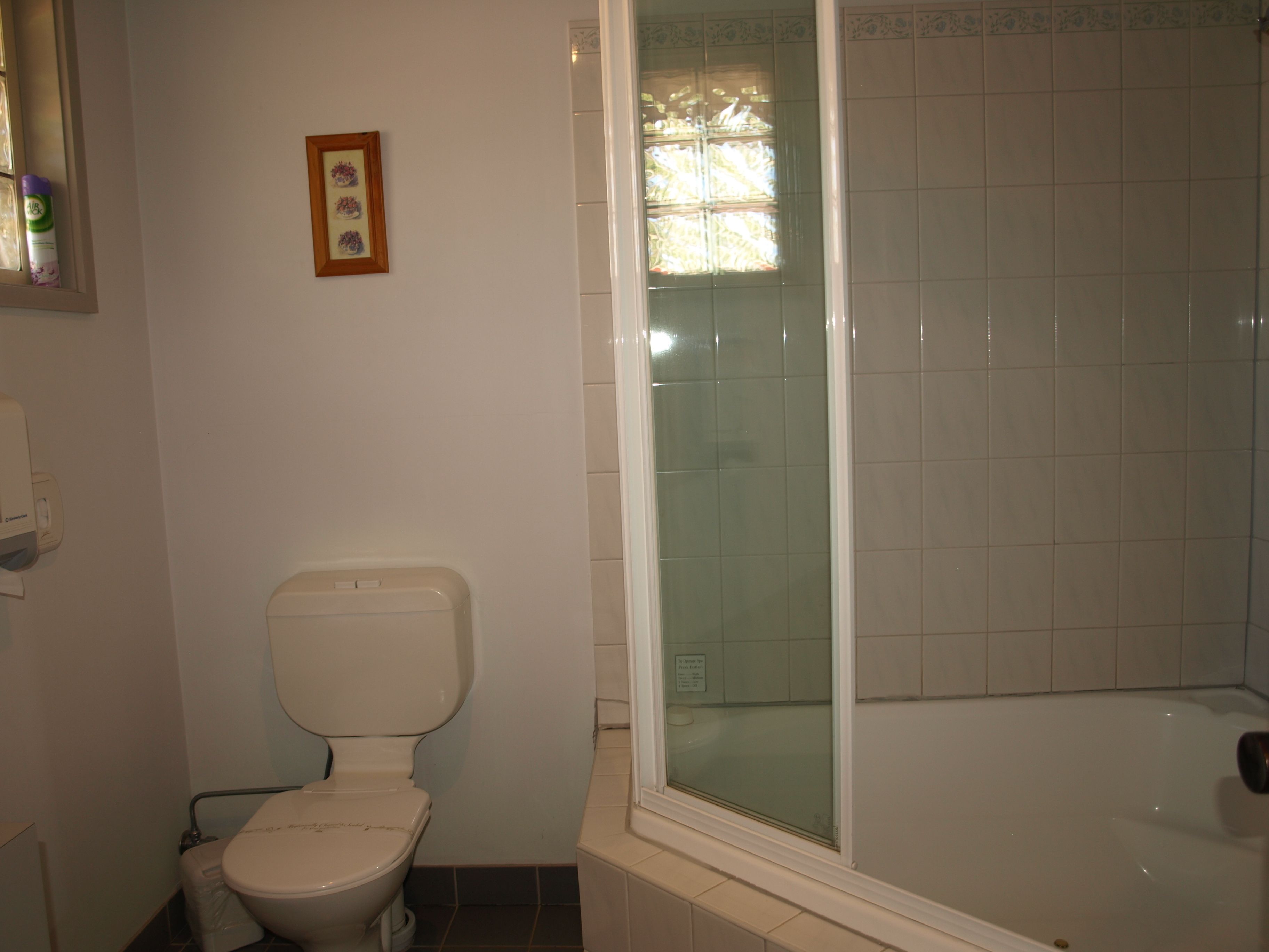 A bathroom with a toilet, a shower with a glass door, and a small framed picture on the wall.