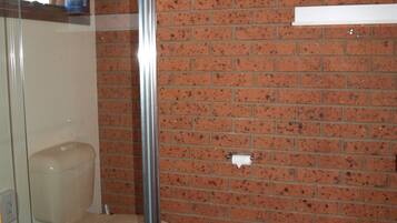 Een badkamer met een douchecabine van glas, een toilet en een bakstenen muur.