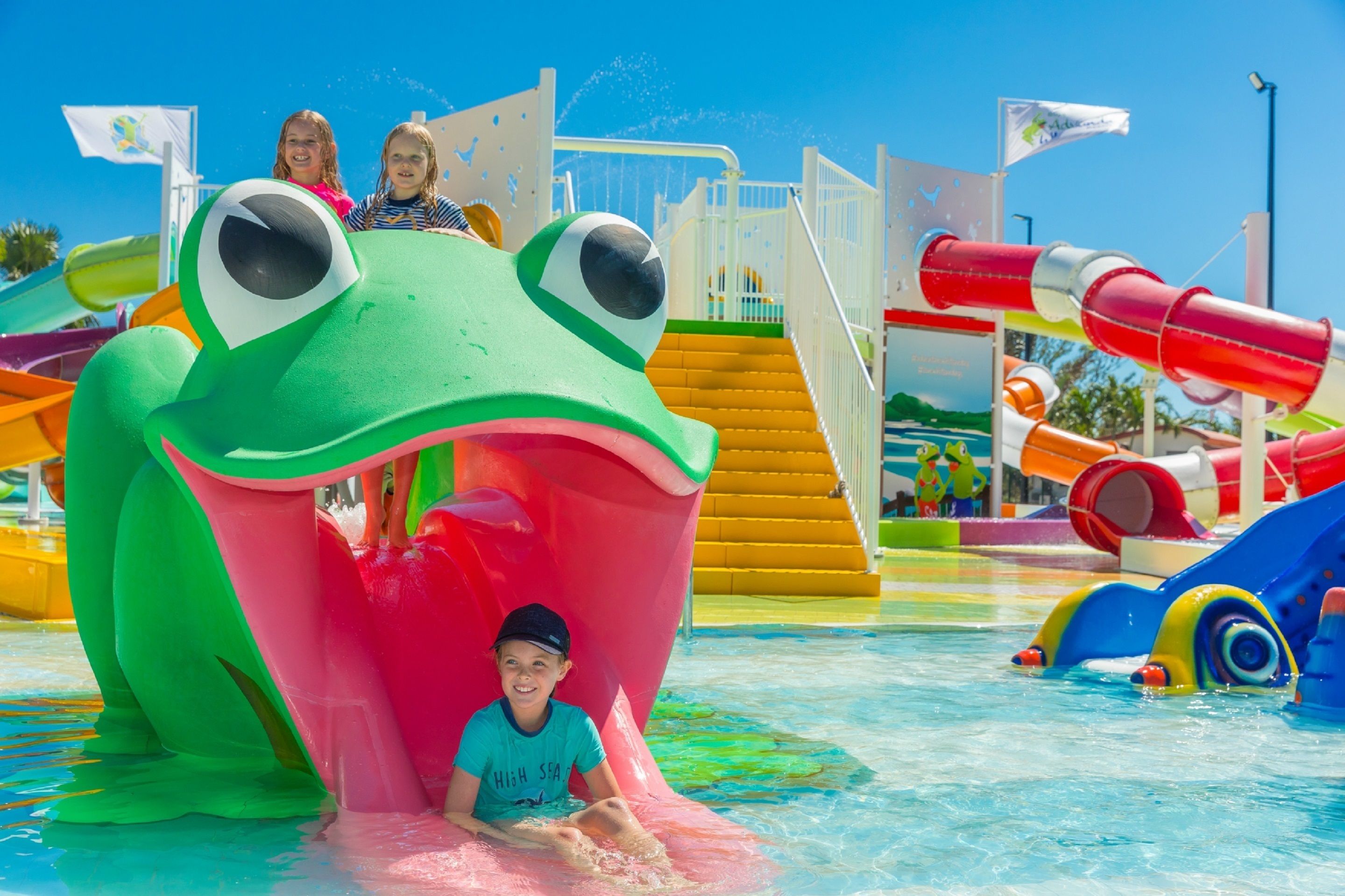 Un parque acuático con un tobogán gigante con forma de rana y diversas atracciones acuáticas.
