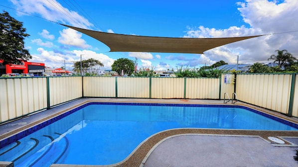 Outdoor pool, open 8:00 AM to 8:00 PM, sun loungers