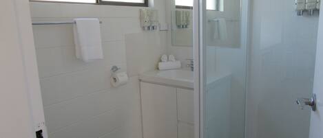 A bathroom with a toilet, sink, and shower area.