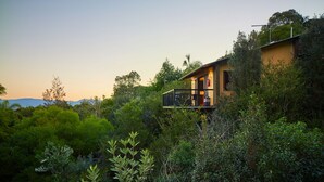 A modern house with a balcony overlooking a lush garden. - Dayboro Cottages (King Scrub)
