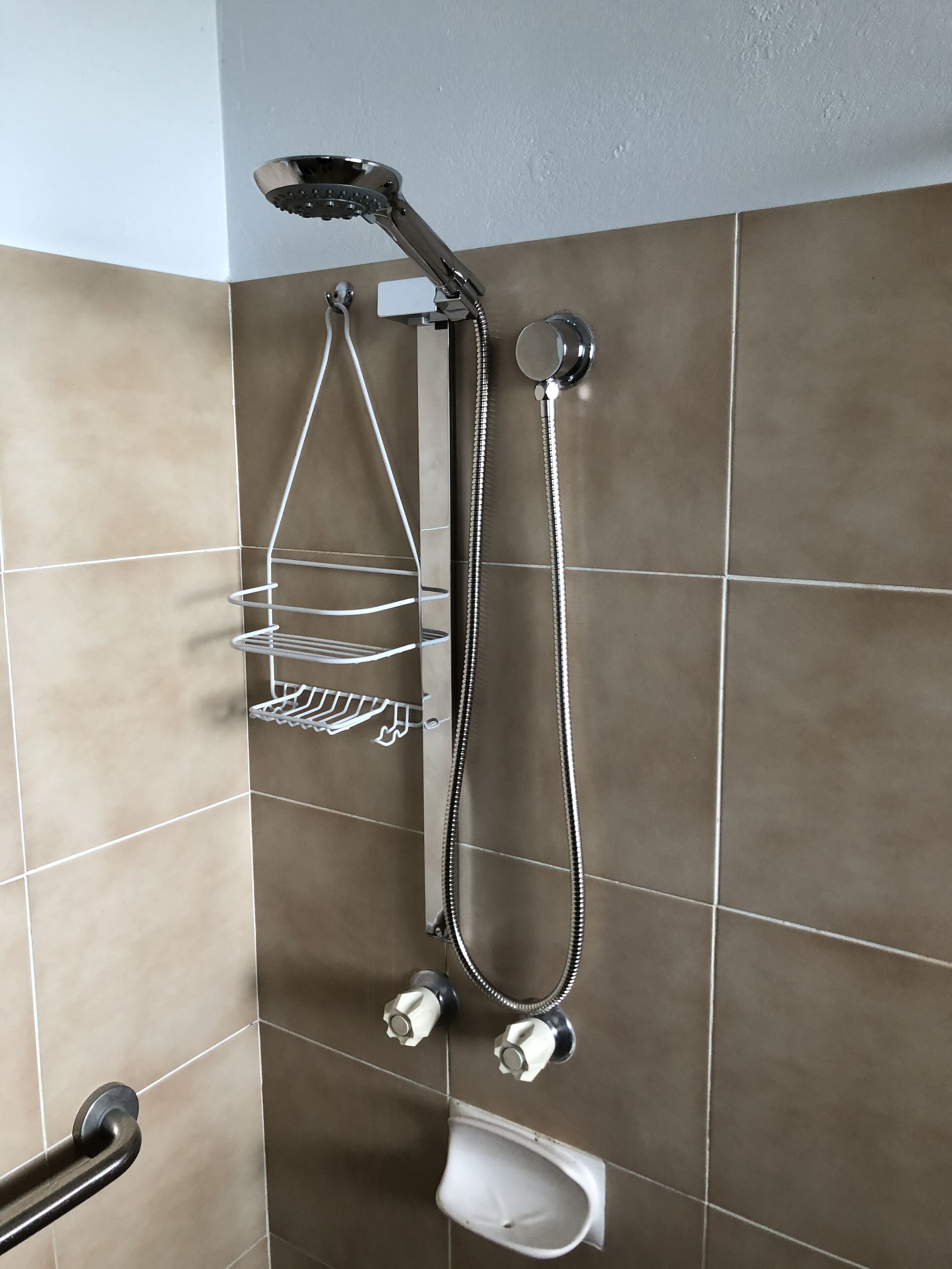 A shower area with a handheld showerhead, a wall-mounted faucet, and a built-in soap dish.