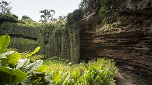 A natural rock formation with a staircase leading down.