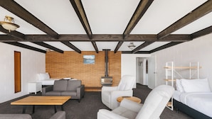 A modern room with a fireplace, a sofa, a chair, and a bed. - Rolleston Motel Thames – Wenzel Motels (Thames)