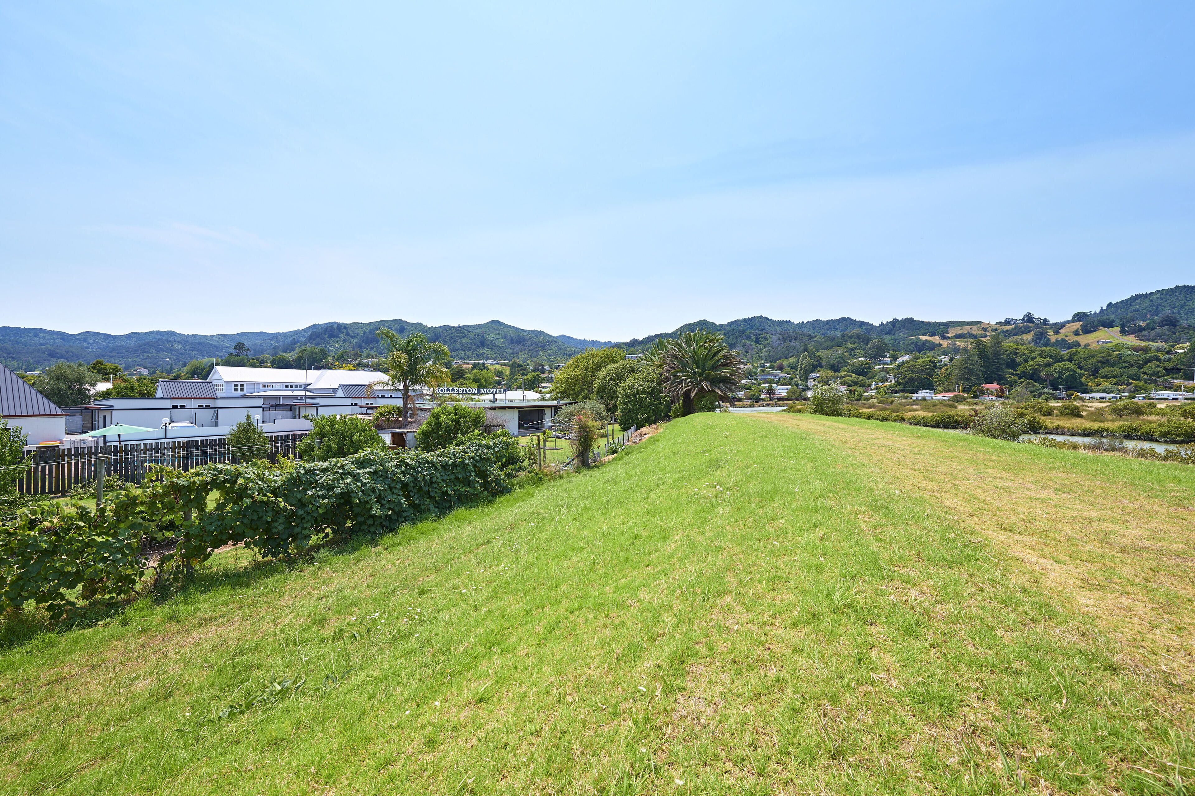 A grassy field with a vineyard, a building with a flat roof, and hills in the background.