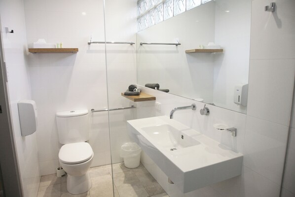 A modern bathroom with a toilet, a sink, a mirror, and a shower area. - Moody's Motel (Blairgowrie)