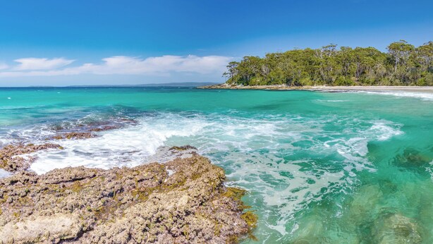 A coastal landscape with clear turquoise waters, rocky formations, and dense green forest. - Bay and Bush, Jervis Bay (Woollamia)