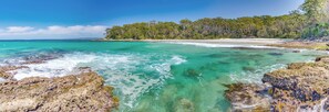 A coastal landscape with clear turquoise waters, rocky formations, and dense green forest. - Bay and Bush, Jervis Bay (Woollamia)