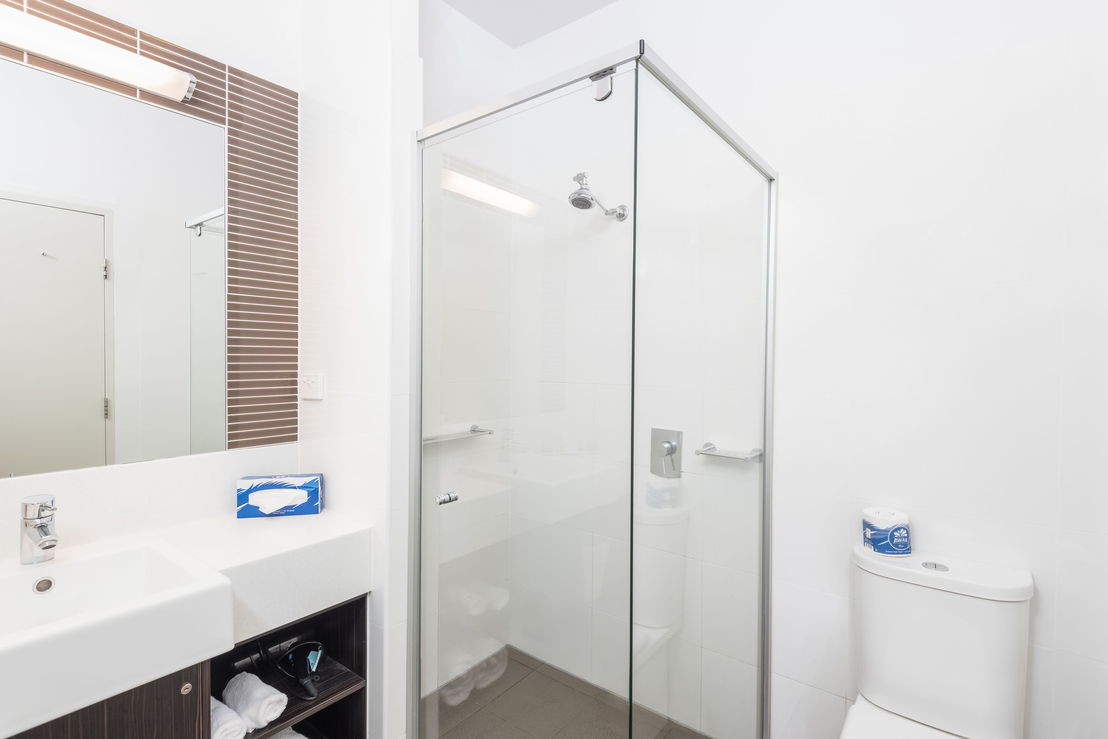 A modern bathroom with a glass shower enclosure, a white sink, and a toilet.