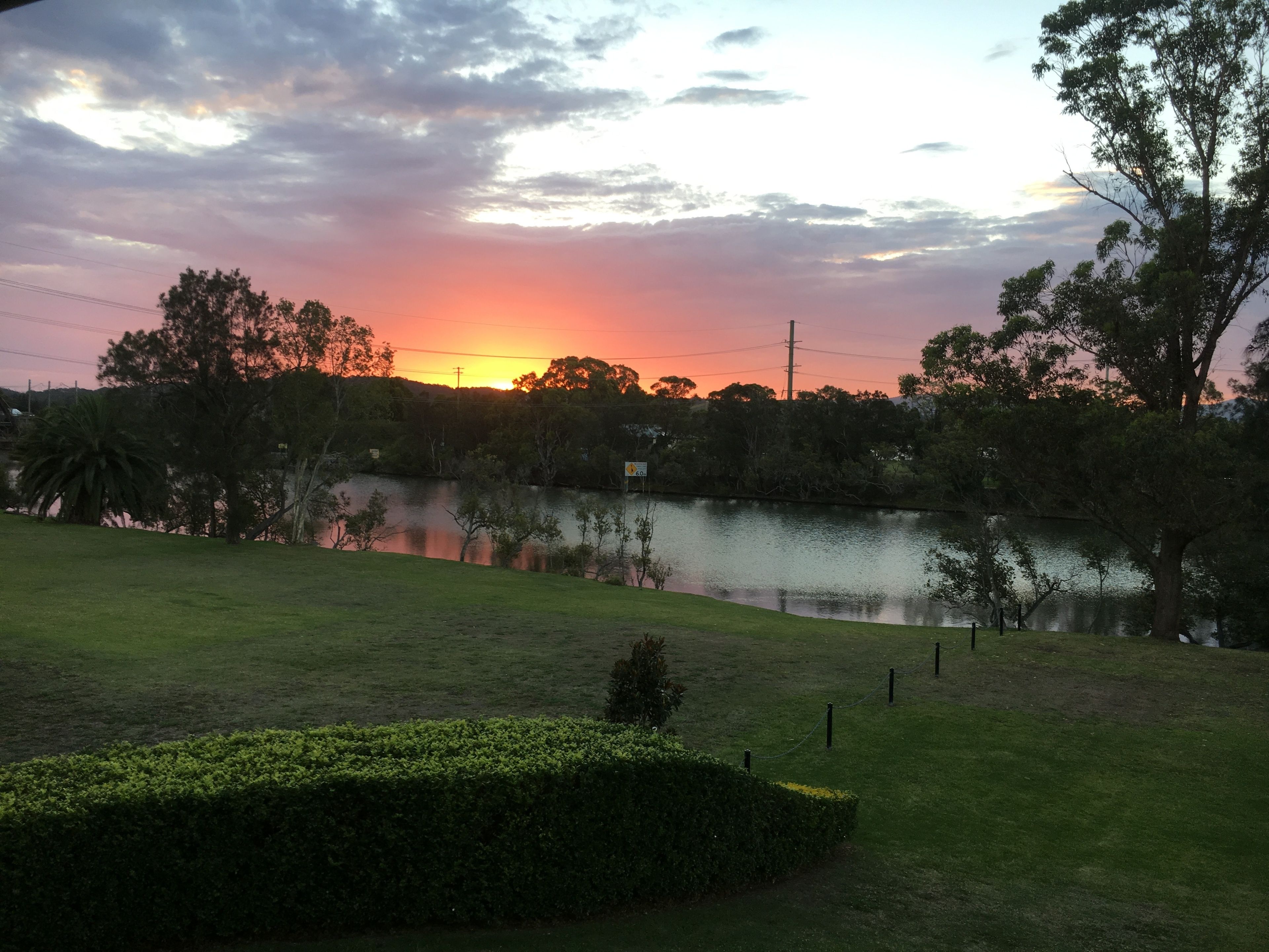 A serene lakeside view with a sunset, grassy areas, and a hedge in the foreground.
