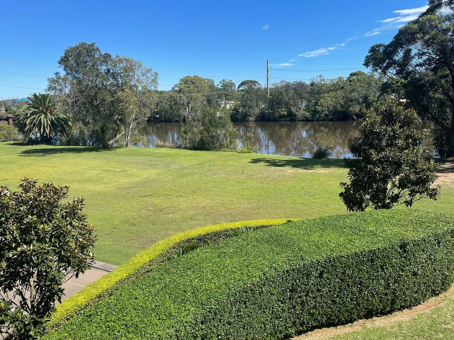 Um parque com lago, grama verde e árvores.