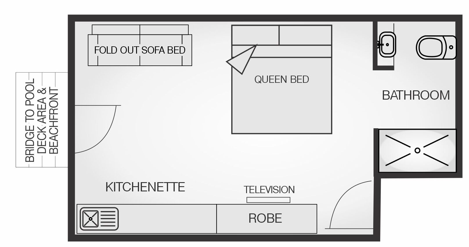 A floor plan with a fold-out sofa bed, queen bed, kitchenette, bathroom, and a bridge to a pool deck area.