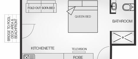 A floor plan with a fold-out sofa bed, queen bed, kitchenette, bathroom, and a bridge to a pool deck area.