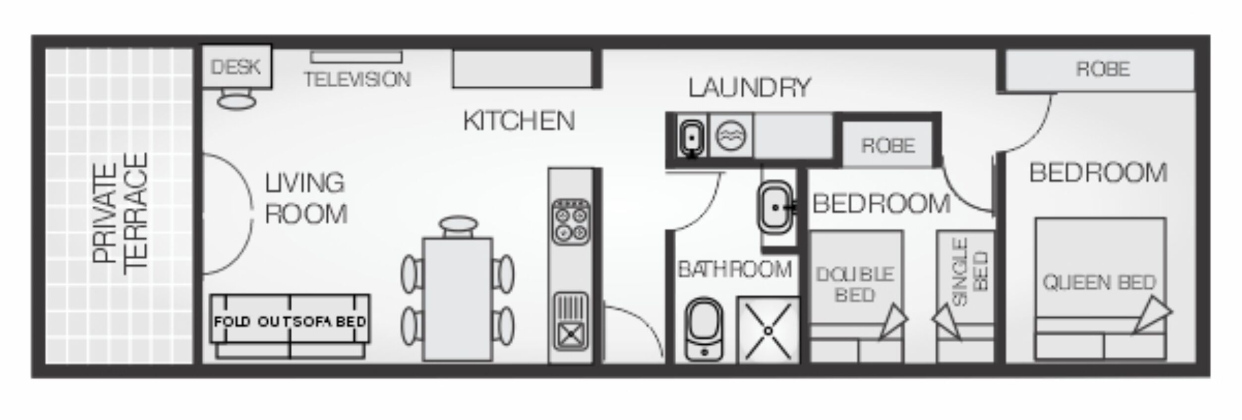 A hotel layout with a private terrace, living room, kitchen, laundry, and multiple bedrooms including a queen bed.