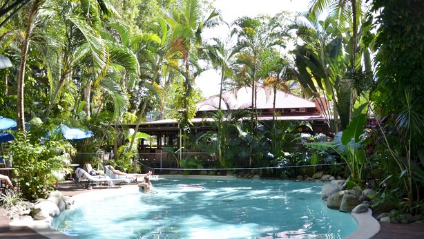 Outdoor pool, pool umbrellas, sun loungers - PKs Jungle Village - Hostel (Cape Tribulation)