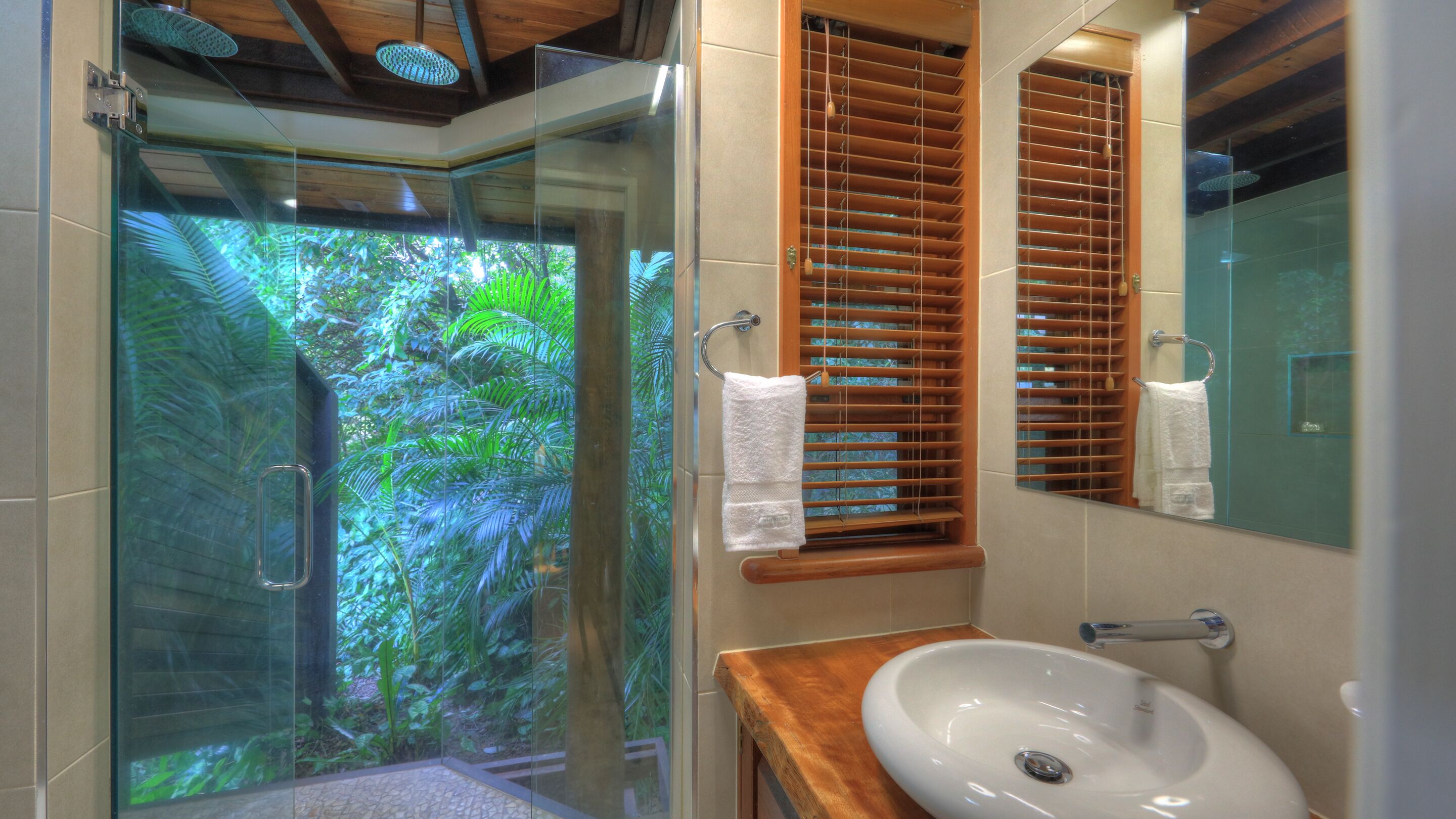 A modern bathroom with a glass shower enclosure, wooden blinds, and a white sink.