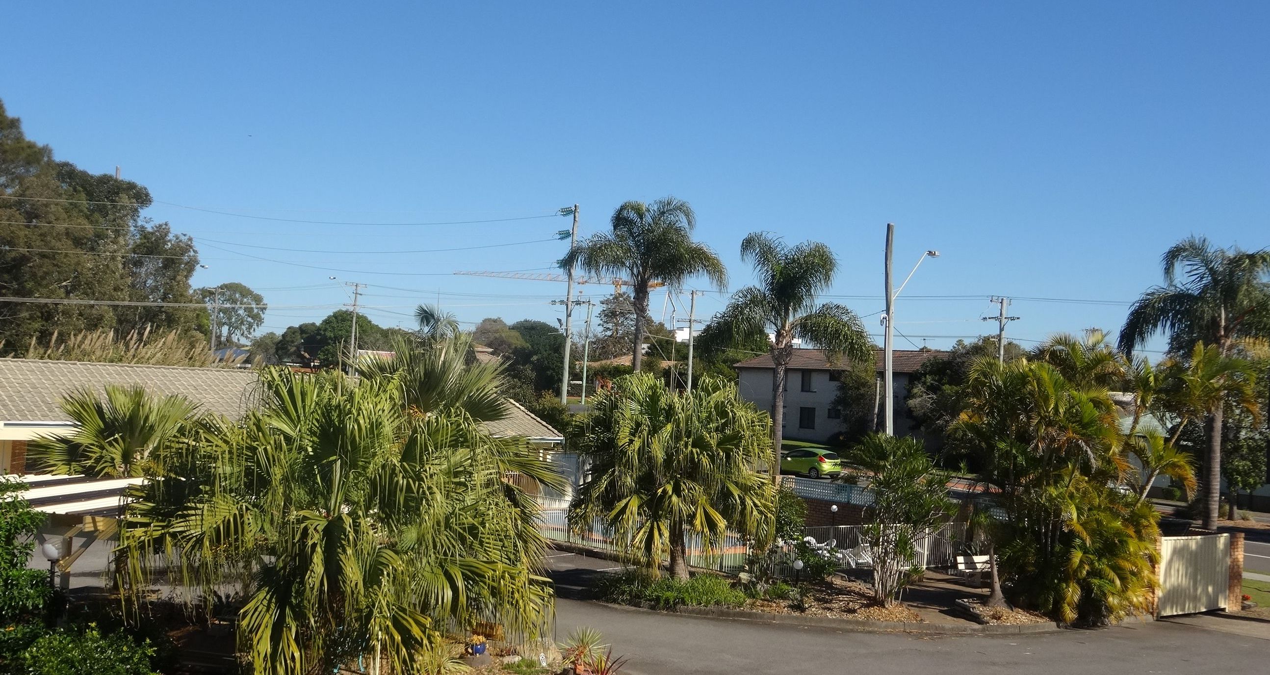 A residential area with houses, palm trees, and a clear sky.