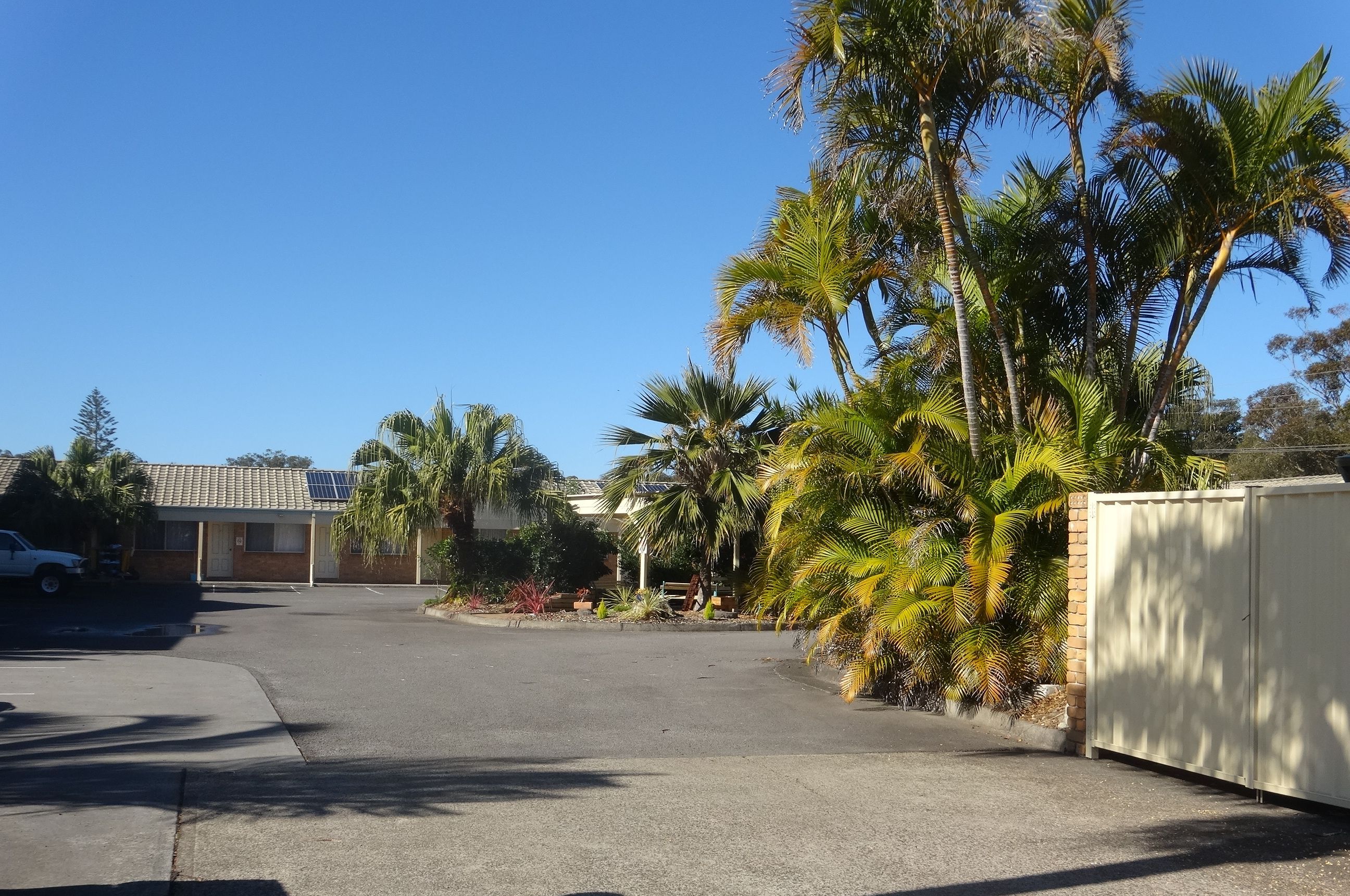 A parking lot with a building in the background, surrounded by palm trees and a fence.