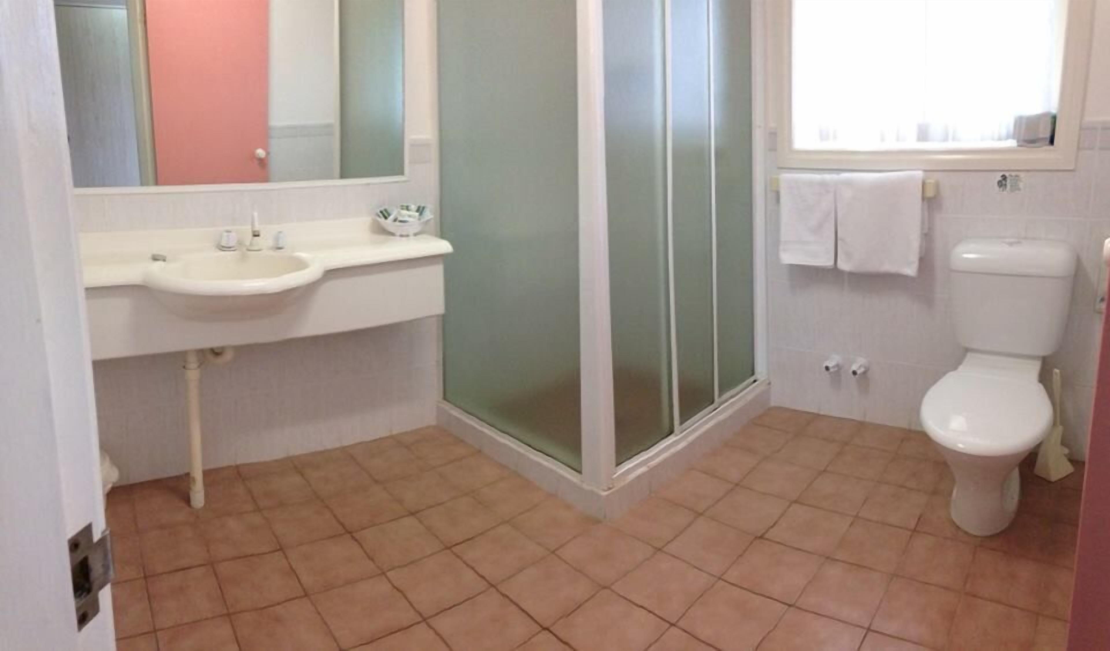 A bathroom with a sink, mirror, shower, and toilet.
