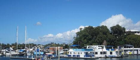 A marina with multiple boats docked, a pier extending into the water, and a building with a blue roof.