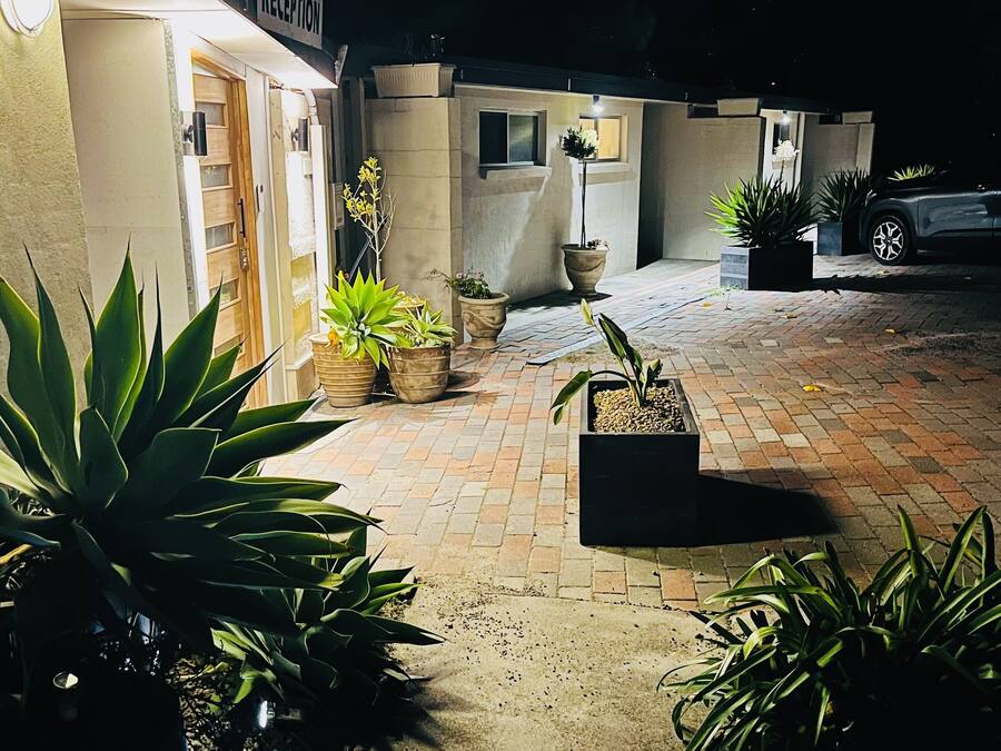A paved driveway leading to a building with a reception area, surrounded by potted plants.