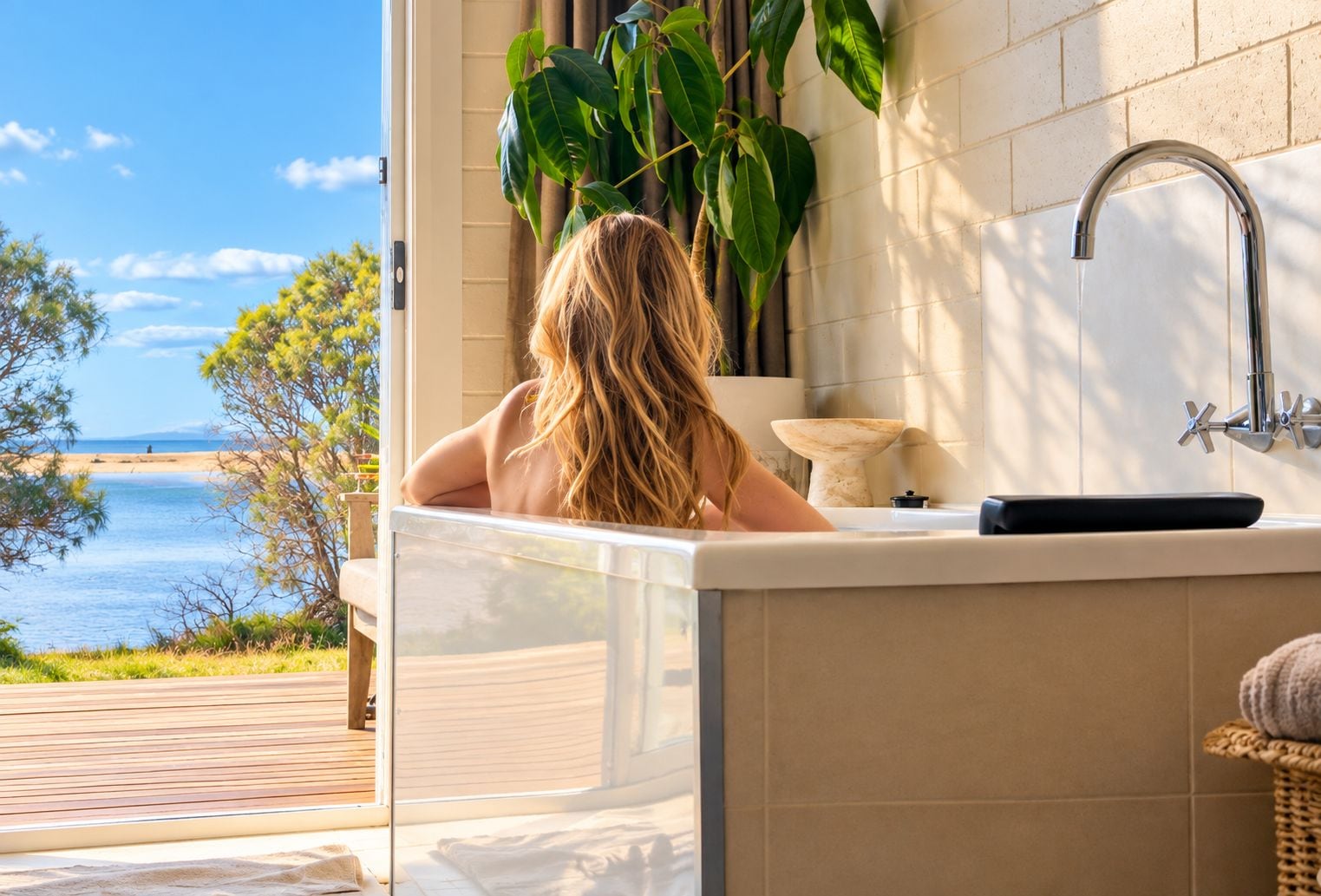 A bathroom with a view of the sea, a bathtub, and a sink.