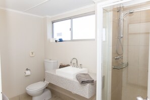 Shower, free toiletries, hair dryer, towels