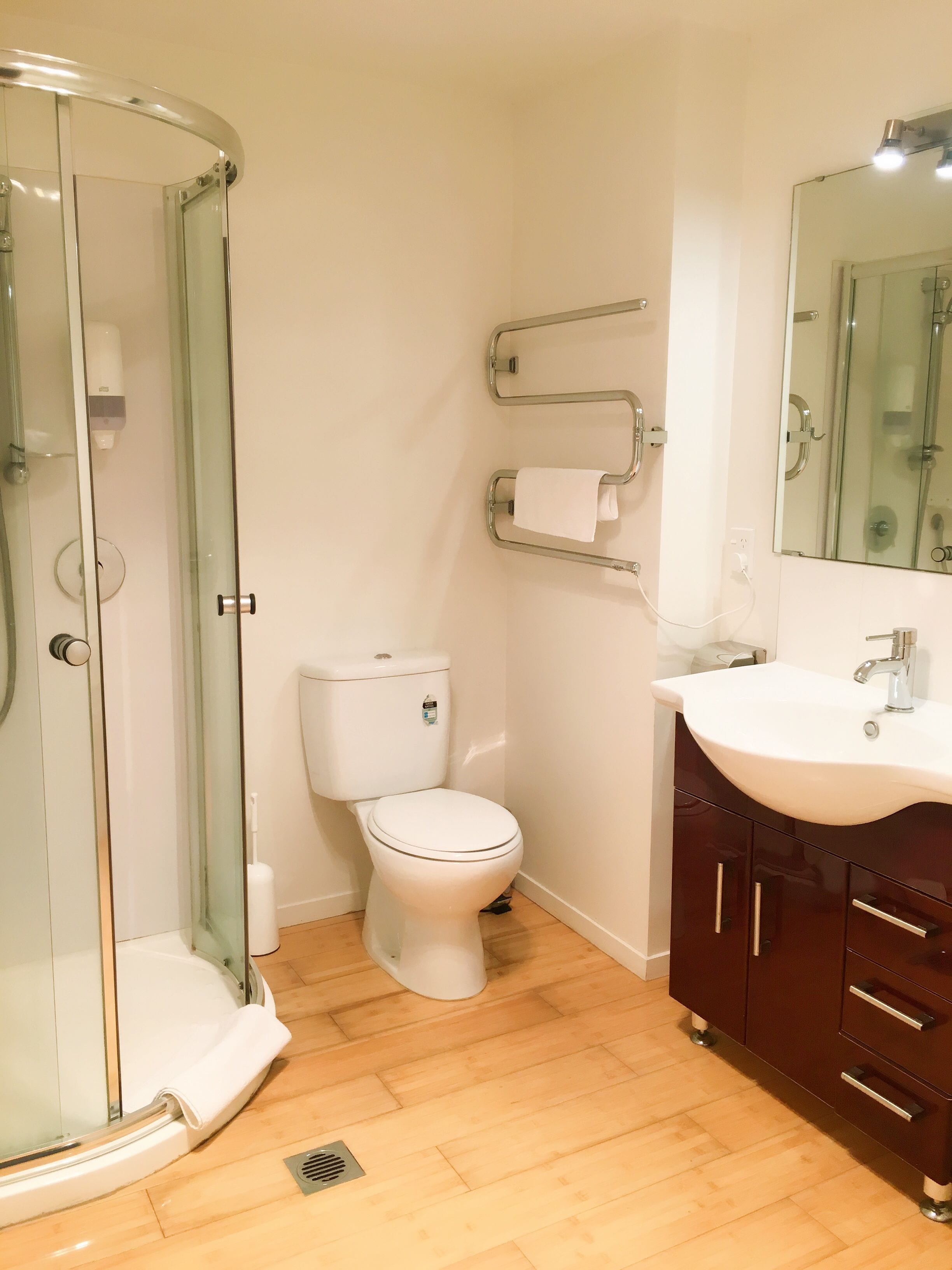 A bathroom with a glass-enclosed shower, a toilet, a sink with a mirror, and wooden flooring.