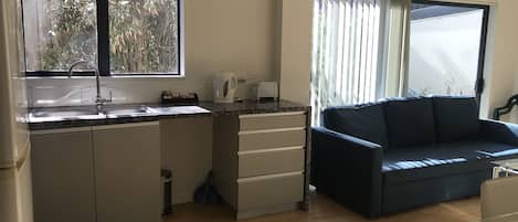 A compact living space with a kitchenette, a sofa, and a large window.