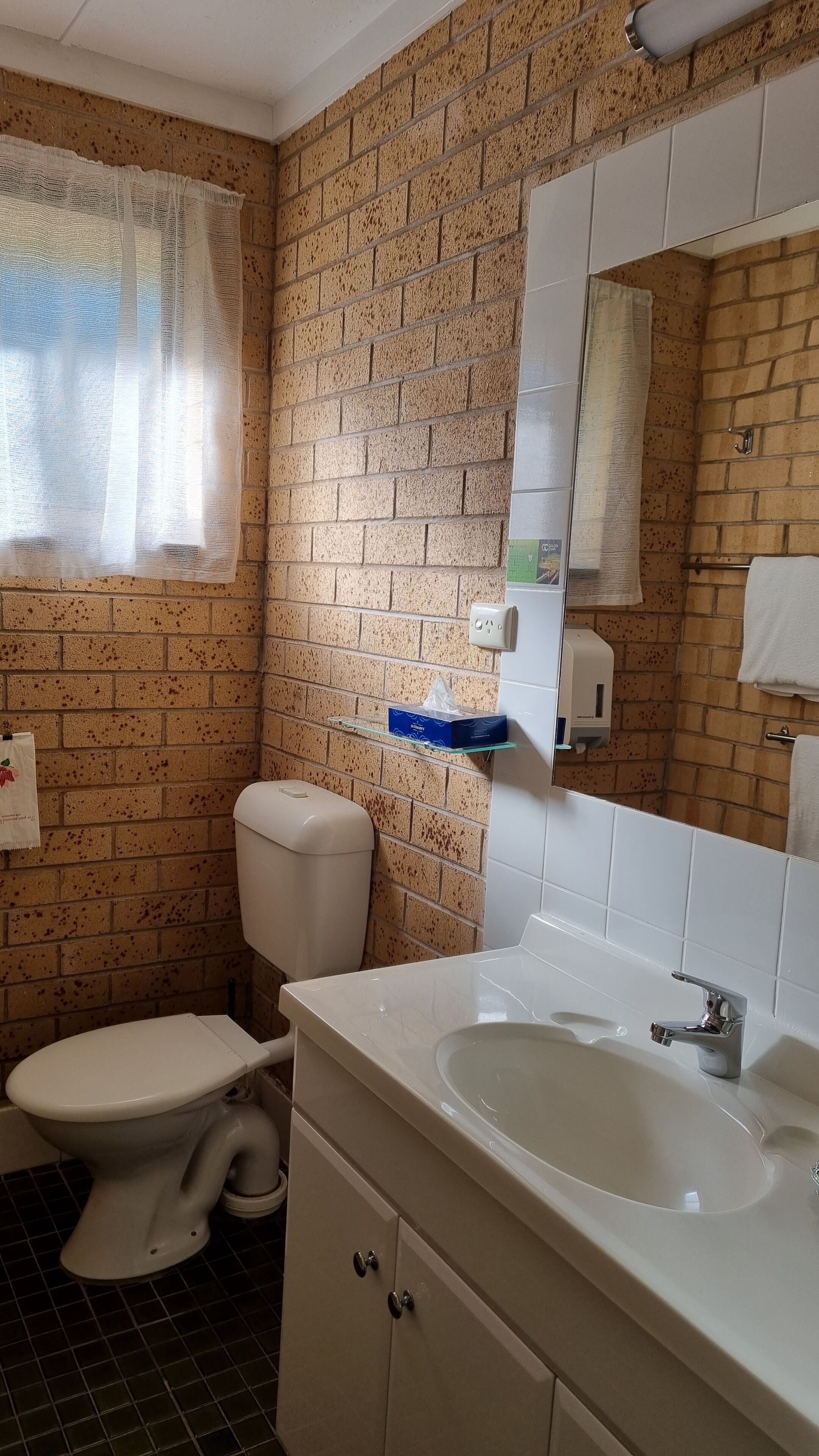 Un baño con inodoro, lavabo y espejo. Hay una ventana con cortina, un dispensador de jabón y una caja de pañuelos en una estantería.