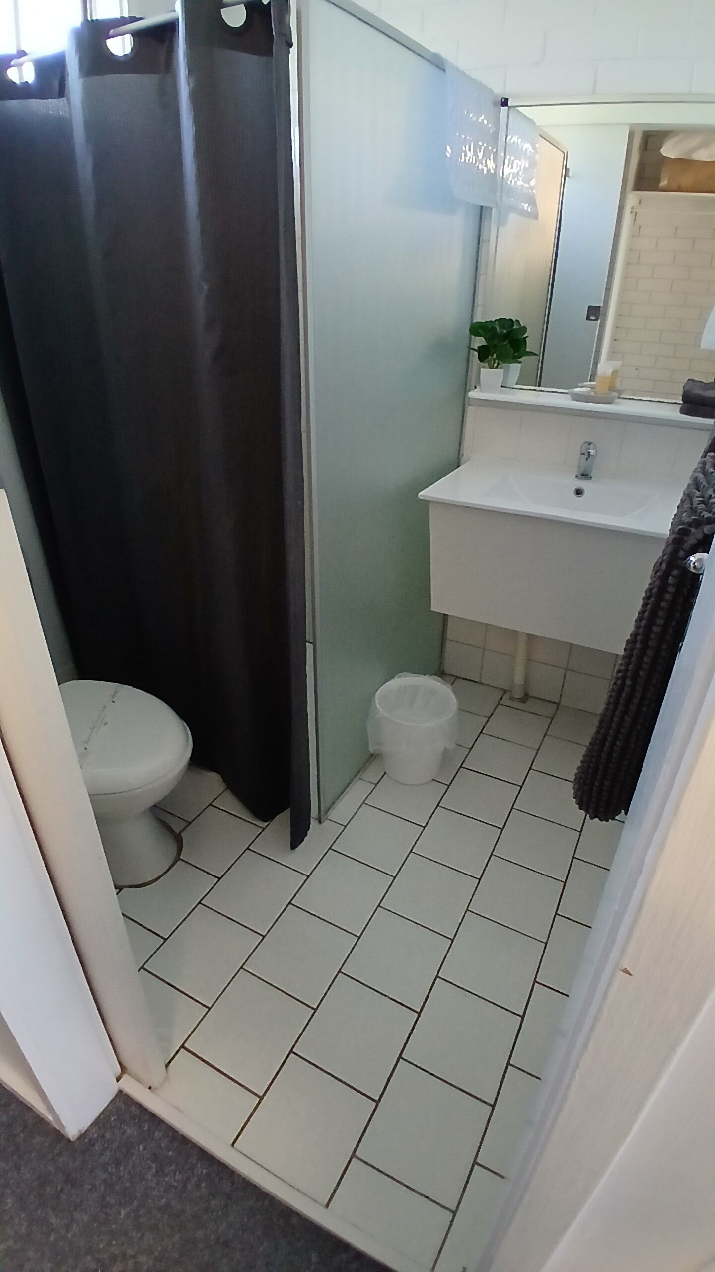 A bathroom with a toilet, sink, and shower.