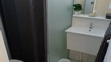 A bathroom with a toilet, sink, and shower.