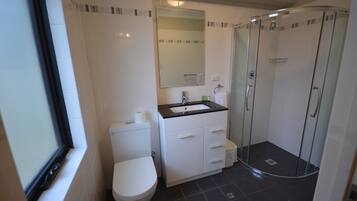A bathroom with a toilet, sink, mirror, and glass shower enclosure.