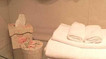 A bathroom with a glass shower enclosure, a tissue box, and neatly folded towels on a shelf.