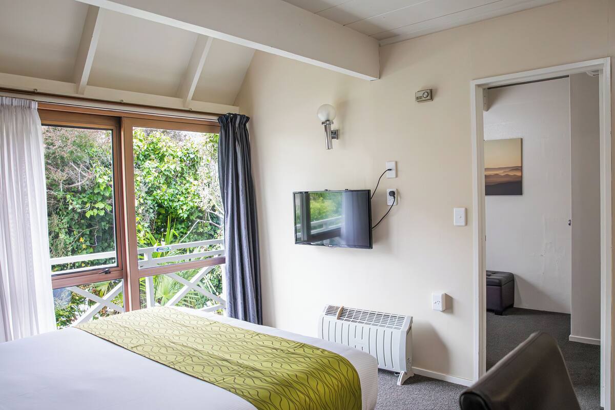 A hotel room with a bed, a TV mounted on the wall, a heater, and a view of greenery through the window.
