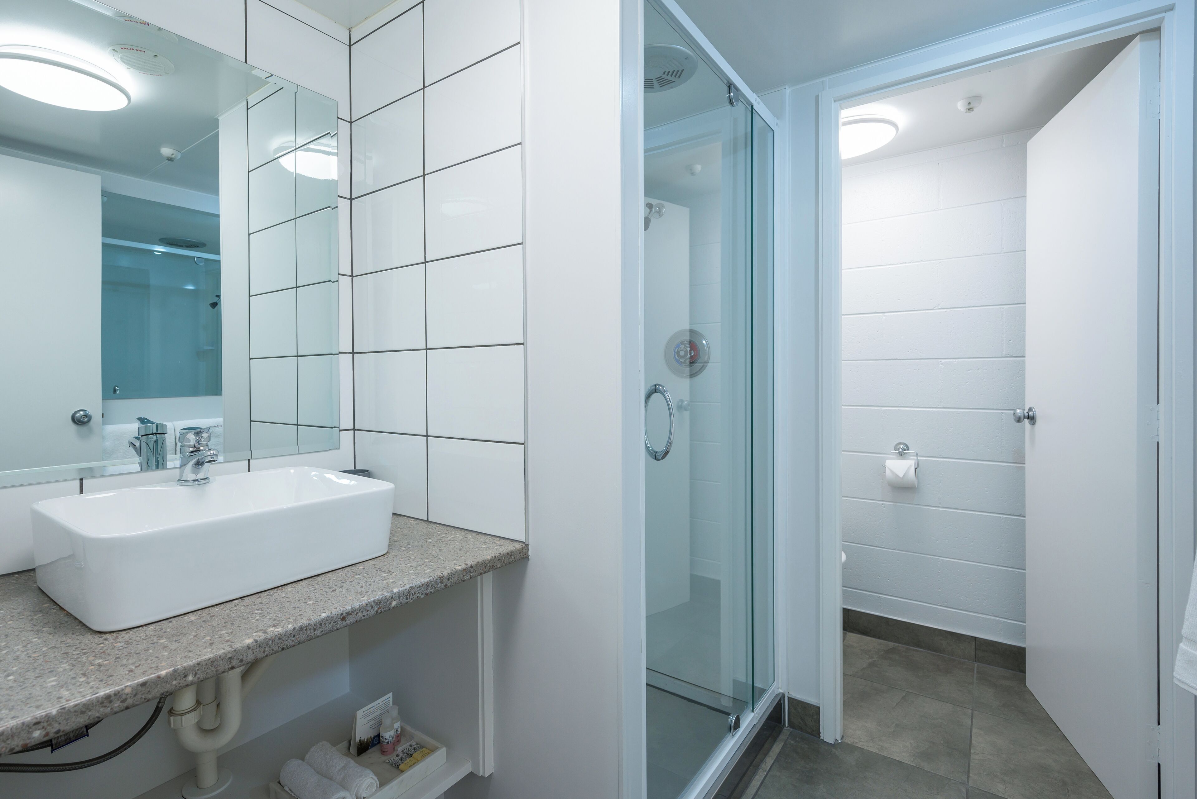 shower, free toiletries, hair dryer, towels