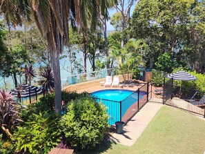 Outdoor pool, pool umbrellas, pool loungers