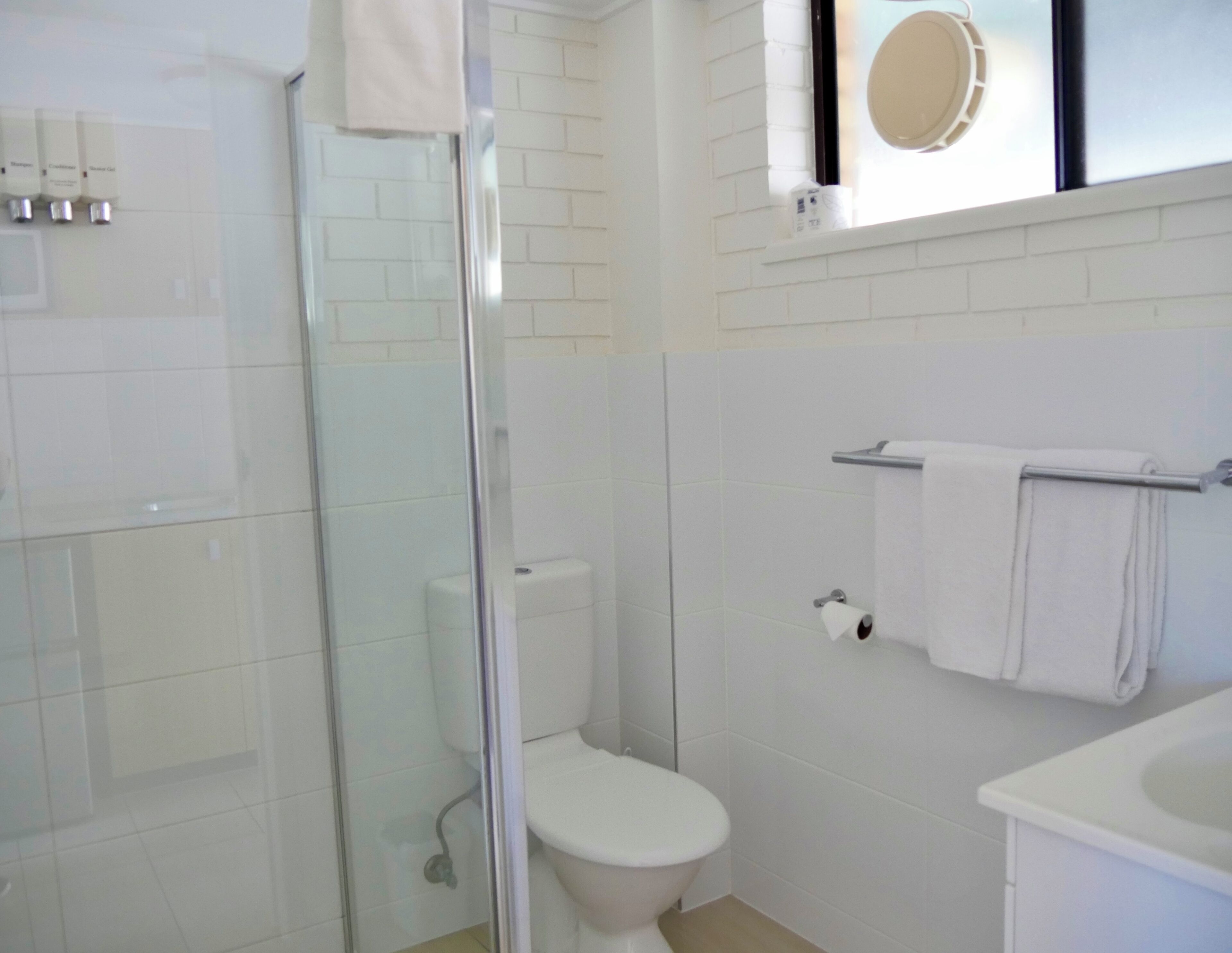 A modern bathroom with a glass-enclosed shower, a toilet, and a sink.