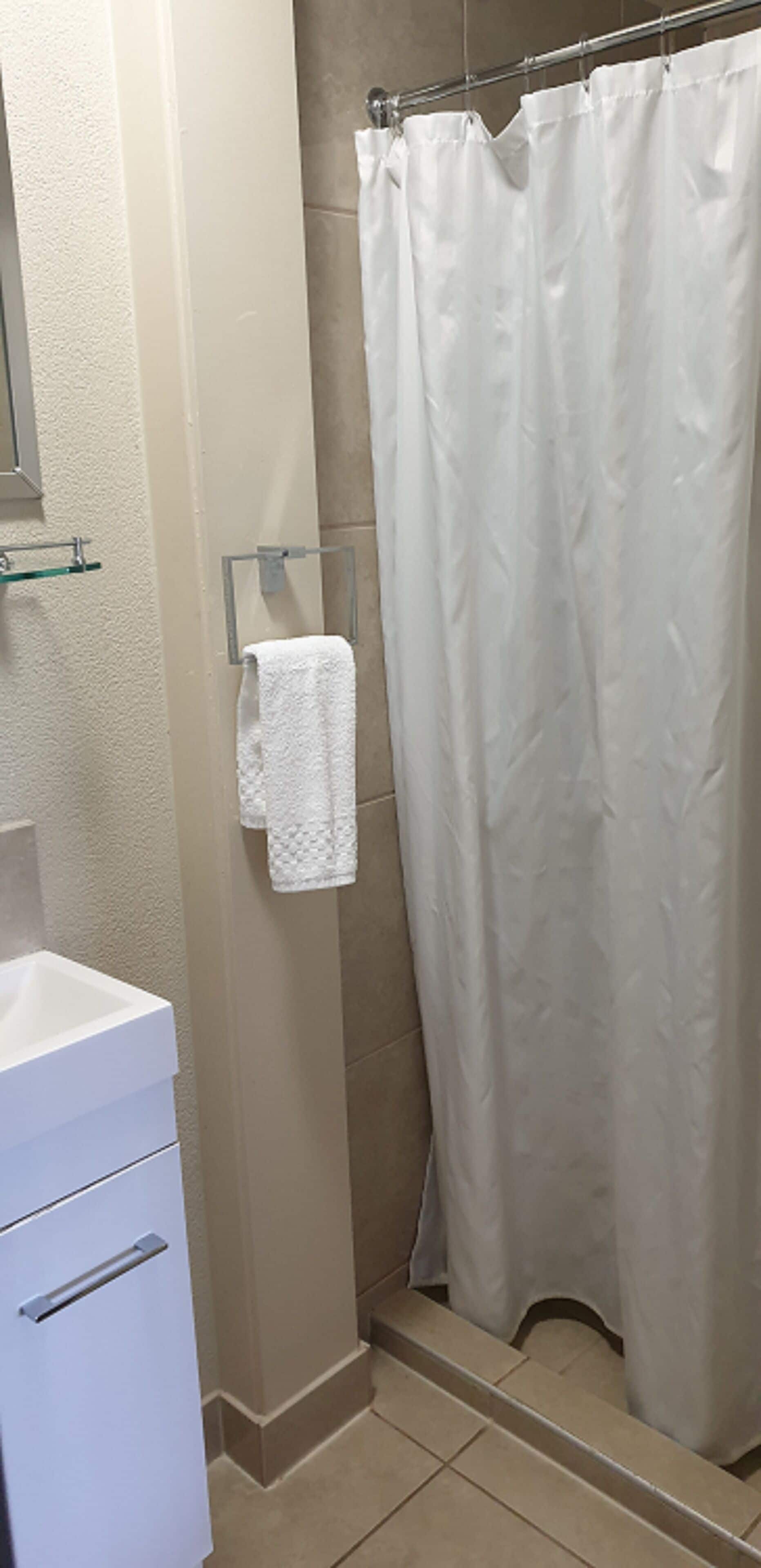 Een badkamer met een wit wastafel, een glazen plank, een handdoekhouder met een witte handdoek en een douchegordijn.