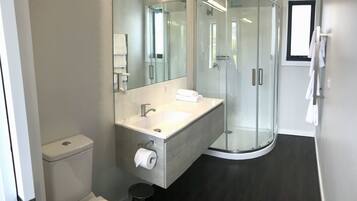 A modern bathroom with a glass-enclosed shower, a white sink, and a toilet.