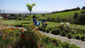 A garden with blue chairs and a pathway. - Hunters Moon (Mosgiel)