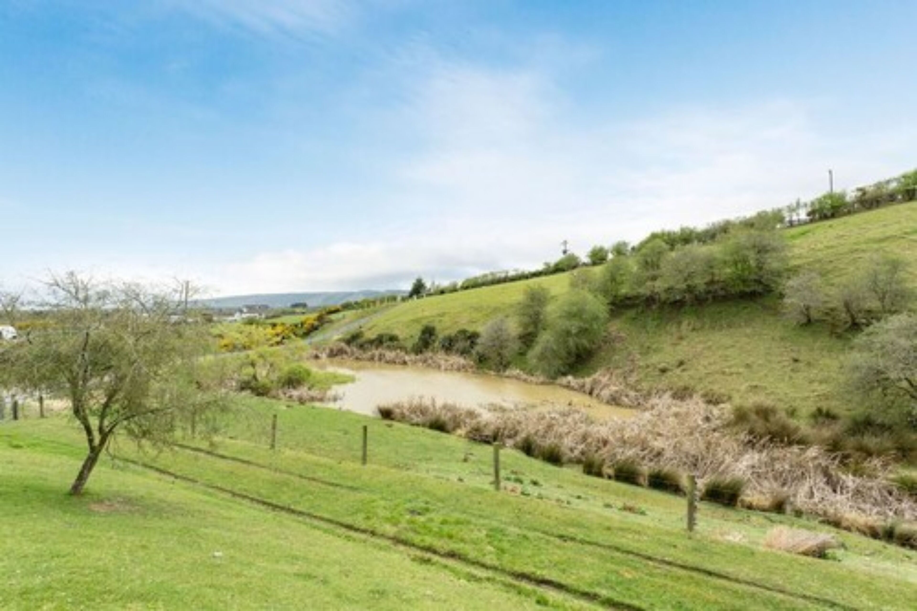 Paesaggio rurale con un fiume, prati verdi e una collina alberata.