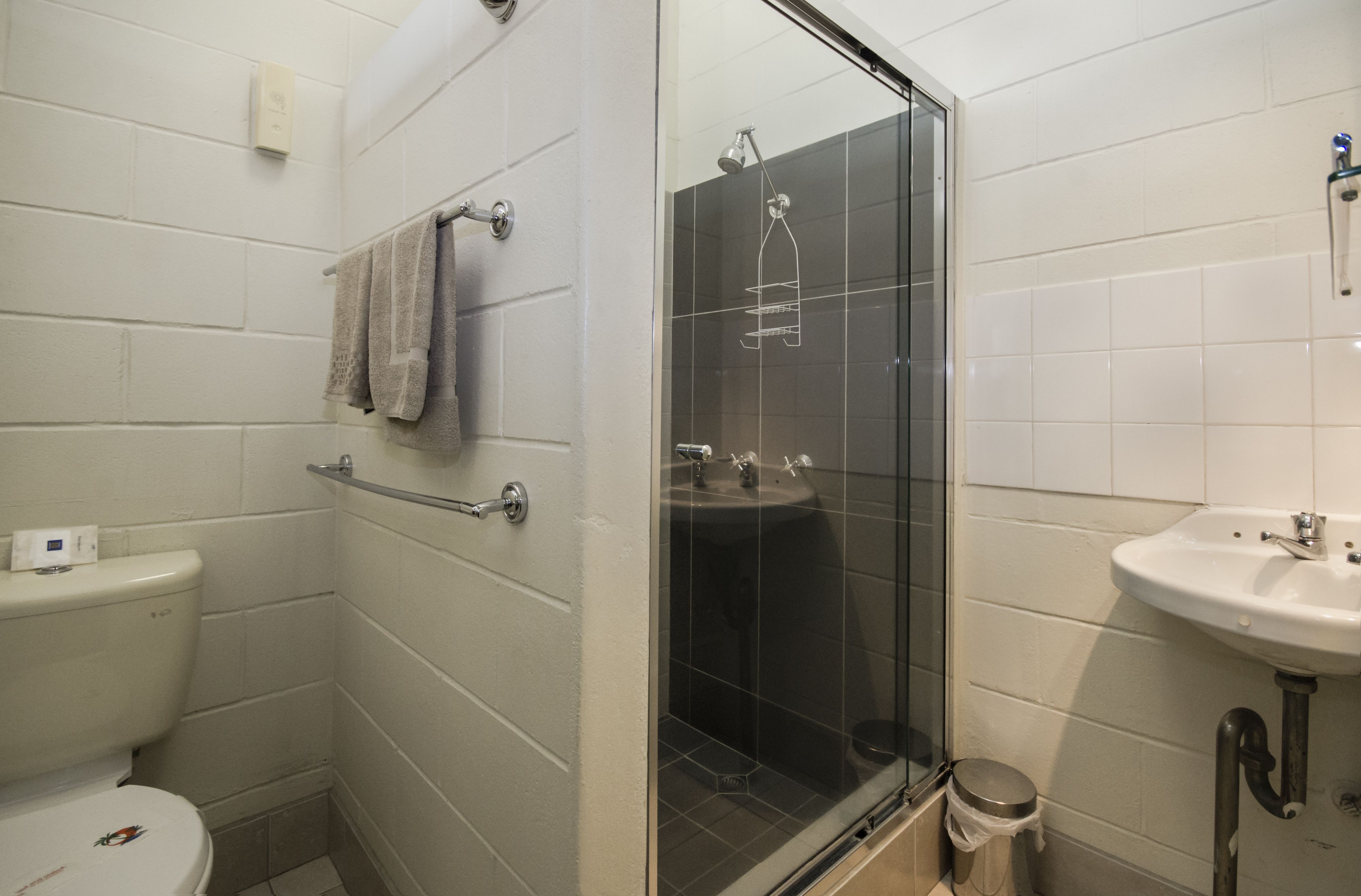 A bathroom with a toilet, a glass-enclosed shower, and a sink.