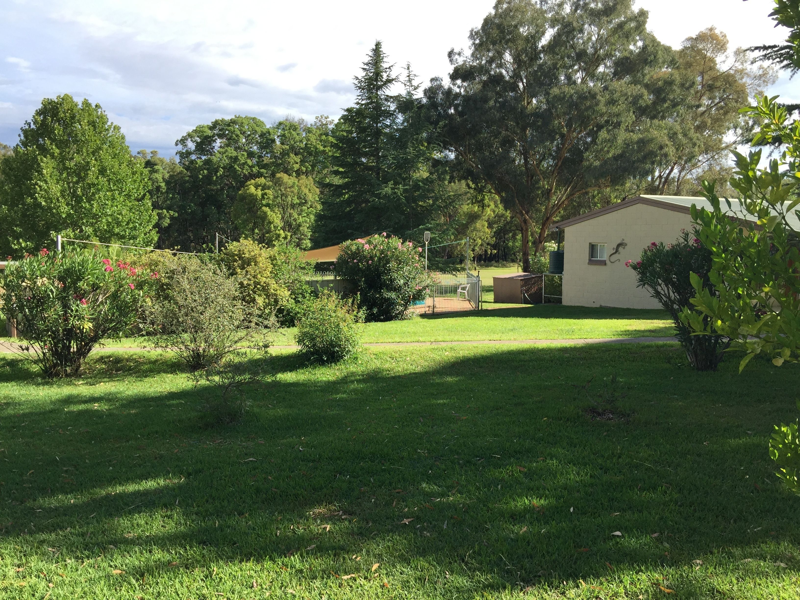 A grassy yard with a white building, surrounded by trees and bushes.