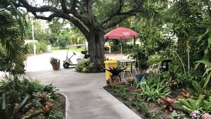 A concrete pathway leading to a seating area with a red umbrella, surrounded by various potted plants and greenery. - Charters Towers Tourist Park (Mosman Park)