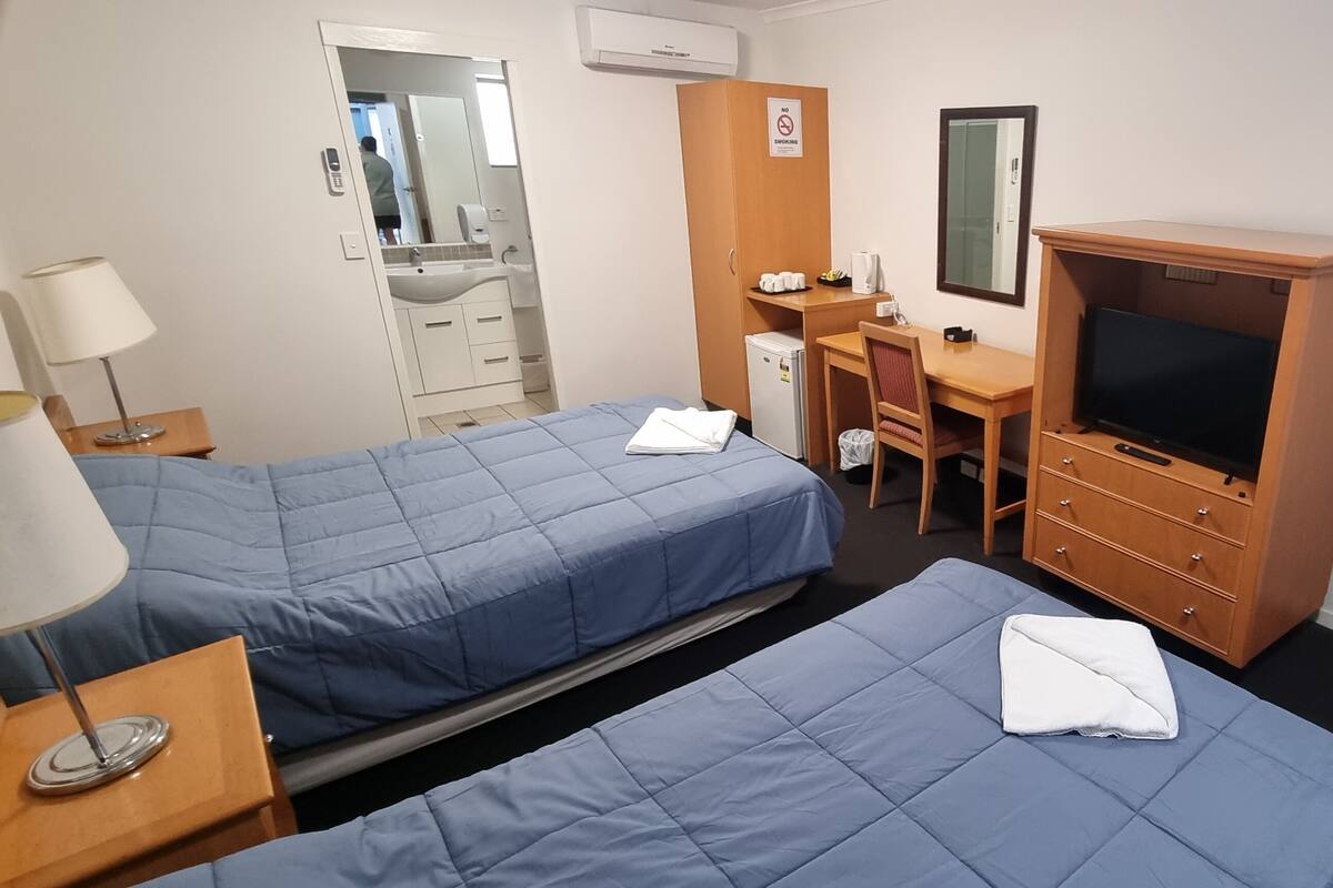 Een hotelkamer met twee bedden, een bureau, een televisie, een spiegel en een ingelijst schilderij aan de muur.